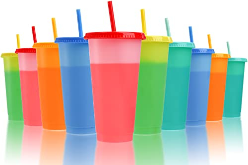 Lyellfe 10 Pack Color Changing Cups, 24 oz Leak-proof Water Tumblers with Lids and Straws, Plastic Cold Drink Summer Cups in Multicolors, Ideal for Adults Women Party