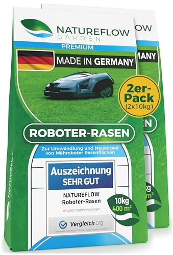 Roboter Rasensamen Schnellkeimend 20kg Sommer – TEST SEHR GUT - Selbstdüngend Roboter Rasensaat für ALLE Mähroboter - 100% Keimgarantie - Nachsaat Grassamen von NATUREFLOW Made in Germany