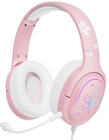 Over Ear Cuffie con Cavo e effetto luce RGB, Rosa Sakura Gaming Cuffie con Microfono per PC, ipad, cellulare, PS4, PS5, e Nintendo Switch, Leggere, Qualità del suono chiaro, comode da indossare