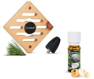 Zirbelino Lufterfrischer - Der Autoduft vom echten Baum - mit drehbarer Magnethalterung, Einkaufswagenchip und 10ml Bio Zirbenöl Natur