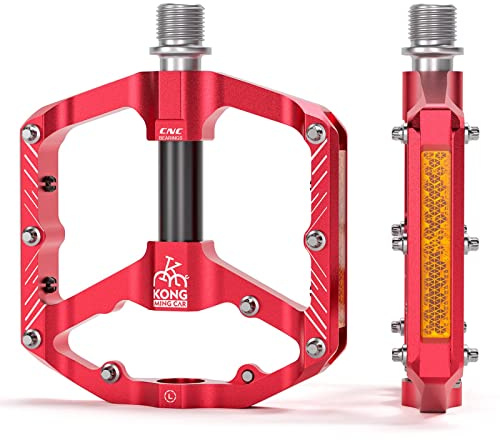 Bike Pedals with Reflective Strips, 3 Sealed Bearings, Non-Slip CNC Aluminum Bicycle Platforms, 9/16 Inch Pedals for Road Bike, MTB, E-Bike. (Red)