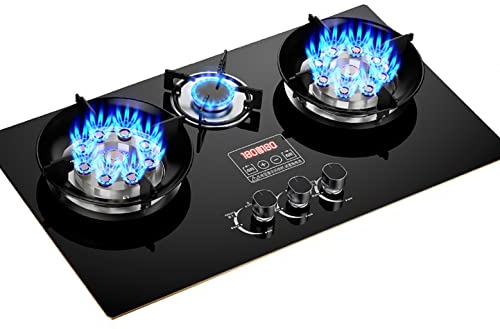 Piano cottura a gas Fornello a gas da incasso a 3 fuochi, piano cottura in vetro nero da 78 cm NG/GPL, temporizzazione intelligente, protezione antifiamma, facile da pulire [Classe energetica A]