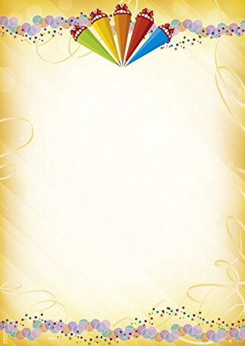 Designpapier Zuckertüten DP1895 – 25 Blatt Briefpapier – Hochwertiges Motivpapier Schulanfang, Einladung, Brief, Jubiläum, Schuleingang – Laser- & Inkjetdrucker geeignet – Druckerpapier A4 90g/m²