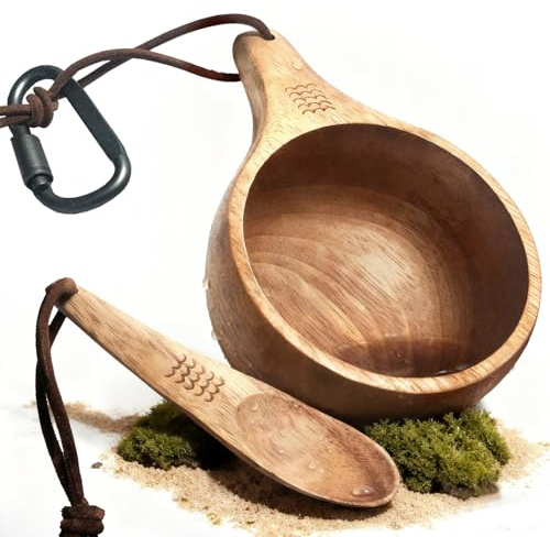 yaykabom Nordic Kuksa 12oz(355ml) w/Spoon, Handcrafted Wooden Mug – Bushcraft Gear & Camp Kitchen Companion. Natural hardwood. For camping, hiking, home & camp kitchen use. Easy carry – cool！