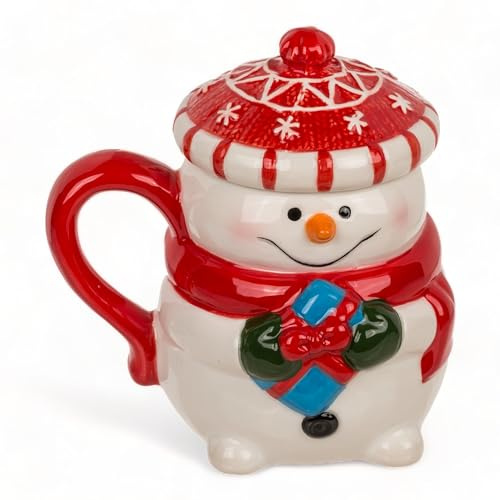 MIK funshopping Taza de Navidad | Taza de cerámica de alta calidad con diseño navideño | Ideal para bebidas calientes y frías | Muñeco de nieve con gorro como tapa 300ml