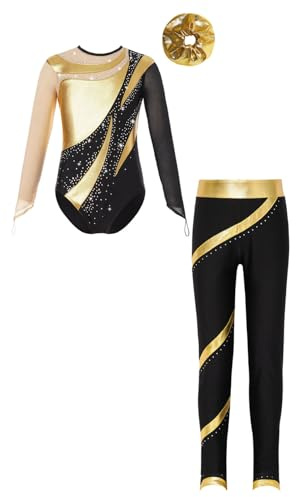 ranrann Enfant Fille Justaucorps Legging et Elastique des Cheveux Tenue Gymnastique Patinage Artistique Danse Costume Spectacle 5-16 Ans A Or 11-12 ans