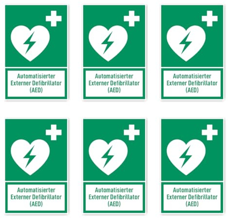 Aufkleber: 75x50 mm, 6 Stück - Automatisierter Externer Defibrillator (AED) - Rettungszeichen mit Text (deutsch) (grün/weiß) - hochkant - E010 - DIN EN ISO 7010 / ASR A1.3