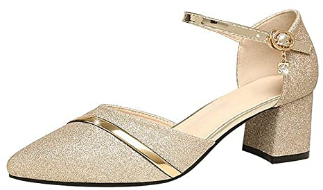 Riemchenpumps Damen mit Blockabsatz Glitzer Spangenpumps Elegant Silber Tanzschuhe Stöckelschuhe Bequem Riemchen Hochzeitsschuhe Brautschuhe Vorne Geschlossen High Heels