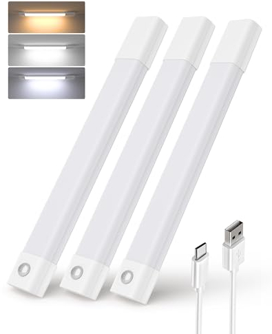 EZVALO Schrankbeleuchtung 30CM, 50 LED Schrankleuchte Led mit Bewegungsmelder, Unterbauleuchte Küche LED mit 3 Farbtemperaturen Dimmbar Wiederaufladbar für Kleiderschrank, Küche, Treppe (3 Stück)