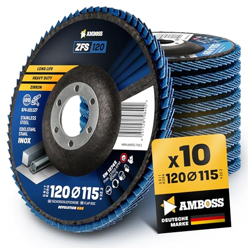 10x Fächerscheibe Ø115mm K120 für Stahl/Edelstahl - Polieren Entroster Kehlnaht schleifen - AMBOSS Werkzeuge ZFS Lamellenschleifscheibe blau Winkelschleifer - Profi Zirkon Schleifmop