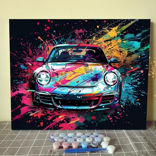 Sehr schönes Sportauto Malen nach Zahlen für Erwachsene, exquisites Porsche-Ölgemälde-Set auf Leinwand mit Pinseln und Acrylpigment, bunter Graffiti-Stil für Heimdekoration, 40,6 x 50,8 cm (DIY