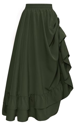 SCARLET DARKNESS Jupe Longue médiévale pour Femme Seampunk Taille Haute Victorienne Double Couche à Volants Vert Olive XXL