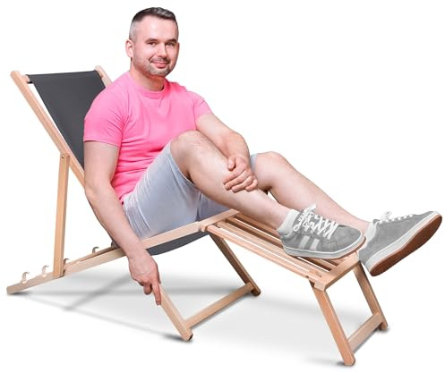 DreamRoots Liegestuhl klappbar Holz mit fußteil bis zu 130 kg belastbar, 3-Fach verstellbare Rückenlehne, waschbarer Polyesterbezug