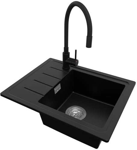 PRIMAGRAN Lavandino da Cucina al Mobile 45cm + Rubinetto, 55x44cm | Set: Rubinetto BW6020 + Kit di scarico + Lavello in Granito a 1 Vasca - Copenhagen Easy, Nero