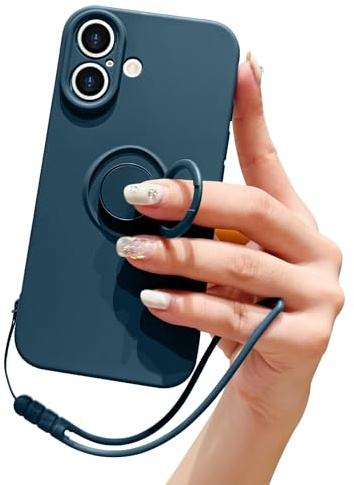Pepmune Coque pour iPhone 16 avec Anneau De Support, Bleu | Silicone Liquide Dragonne Amovible, Support Magnétique De Voiture, Coque De Protection Antichoc