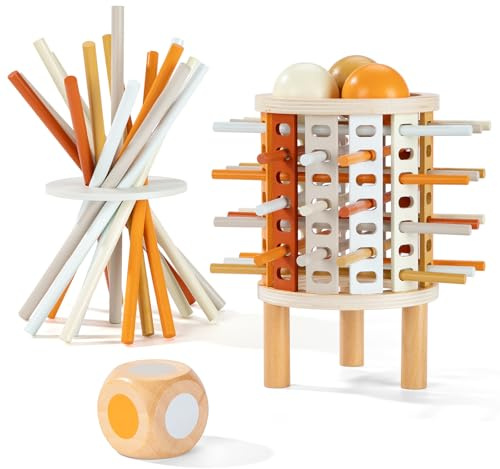 ZLLkeji Montessori Spielzeug Ab 3 Jahren Stapel Spielzeug Holz mit Stäben,Würfel,Kugel Spiel Brettspiel aus Holz Feinmotorik Spiel Familienspiel Reisespiel Für Kinder