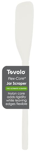 Tovolo White Flex-Core - Espátula raspadora de tarro de mango largo de silicona, cabeza giratoria en ángulo, herramienta de cocina con parte trasera plana y parte delantera curvada para recoger y