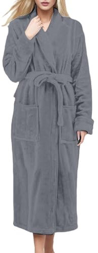Damen-Bademantel in voller Länge, Plüsch-Fleece, weich, warm, mit Gürtel, gemütlich, lange Winter-Nachtwäsche, leicht, bequem, Flanell, Nachtwäsche, luxuriöser Frottee-Bademantel mit Taschen, grau, 46