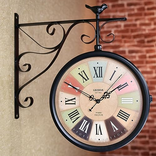 Orologi industriali su entrambi i lati, orologio da parete da giardino, stile vintage, con staffa per stazione ferroviaria per rotazione a 360°, orologio da appendere in ferro battuto