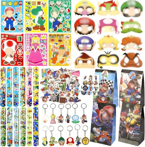 128PCS Mitgebsel Kindergeburtstag, Super Geburtstag Deko Party Mitgebsel Party Deko Kindergeburtstag Schlüsselschnalle DIY Aufkleber Maske Geschenktüten Schnapparmband Kinder Gastgeschenk Sticker