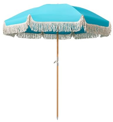 Générique Parasol de Plage 200cm avec Franges, Parasol de Patio Inclinable Portable avec Sac de Transport，UPF 50+ Poteau en Bois Parasol de Jardin