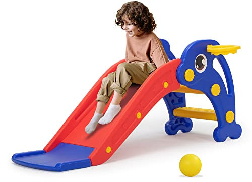 3 in 1 Toddler Slide for Boys Girls Age 1-3, Baby Slide Plastic Climber Playset with Basketball Hoop and Ball, Indoor Slide and Outdoor Playground Slide for Kids (Dolphin Blue)