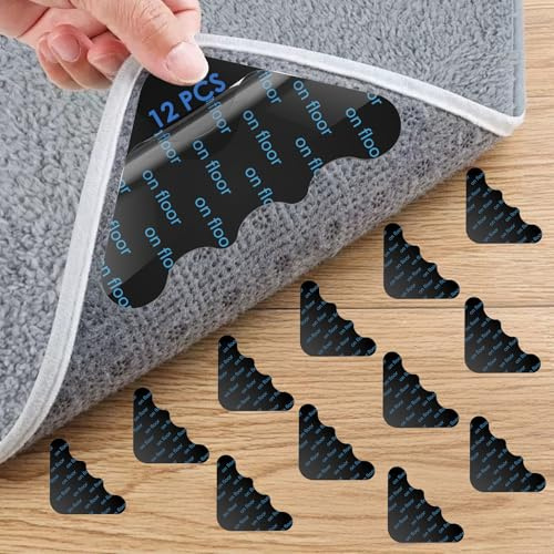 Joogee 12 Stück rutschfeste Teppichbänder, Doppelseitige Teppichgreifer, Stark Klebende Teppichklebebänder für Hartholzböden und Fliesen, Wellenform, Schwarz