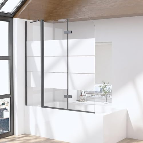 Duschwand für Badewanne 3-teilig 150x140cm Faltbar Schwarz Duschabtrennung, Gestreift Glas Badewannenaufsatz mit festem Segment, Duschwand aus 6mm EGS Glas, 150cm Breite Duschtrennwand