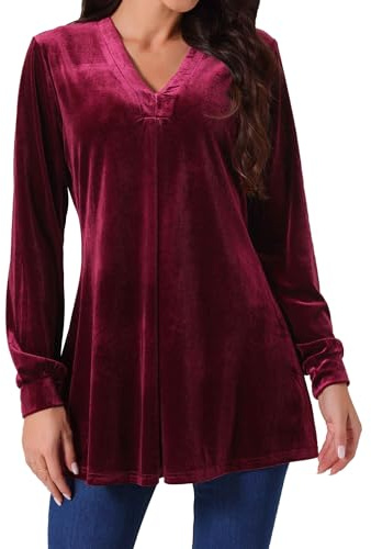 Seta T Women's Velvet Top V Neck Long Sleeves Solid Casual Tunic Blouse Loose T-Shirt Wine Red L