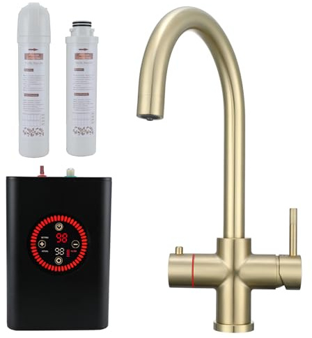 4 in 1 Boiling Water Tap Boiling, Filtered Cold, Main Hot & Cold Instant Hot Water Tap with Boiler Unit and Filter Temperature Adjustable WRAS Approved Burshed Gold