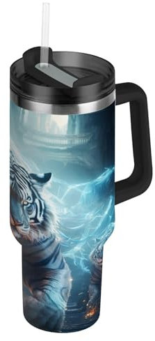 Niigeu Animal De Tigre De L'Espace De Dessin Animé Bouteille d'eau Isotherme avec Paille en Acier Inoxydable Gourde, Sans BPA Gourdes Eau pour Enfant Sport Randonnée École Bureau