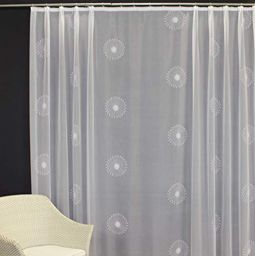 EASYHomefashion Hochwertige Gardine Fertiggardine Voile Store Schal mit Stickerei Faltenband und Bleiband weiß Modena Weiss 145 x 300 cm (HöhexBreite)