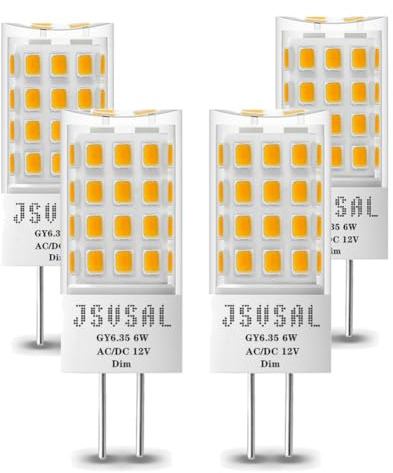 JSVSAL GY6.35/G6.35 LED Bulb Dimmable, T4 JC Type Bi-pin Base,AC/DC 12V Soft White 3000K,6W Equivalent to 50-65W G6.35/GY6.35 Halogen/Xenon/Incandescent Replacement Bulb,4-Pack
