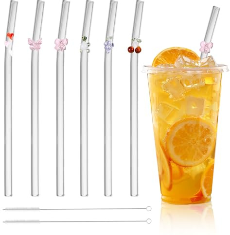 6 Stück Glas Strohhalme Wiederverwendbar Glasstrohhalme mit Motiv Trinkhalme Glas Gebogen mit Reinigungsbürsten GlasStrohhalm für Smoothies Kaffee Tee Milchshake Slush