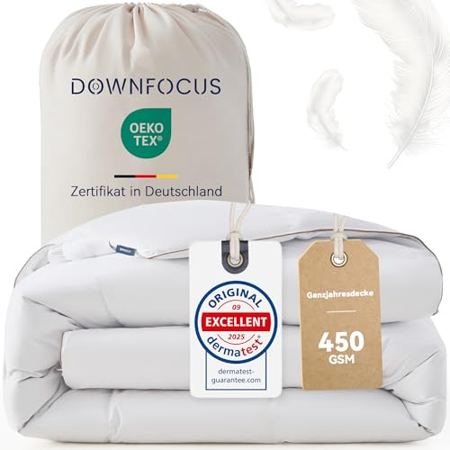 DOWNFOCUS Komfort Bettdecke 135x200 | 100% Weiche Federn & Daunen | Oeko-Tex, RDS Zertifiziert für Tierwohl | Ganzjahres Federbett Daunendecke 135x200cm Bezug aus 100% Baumwolle