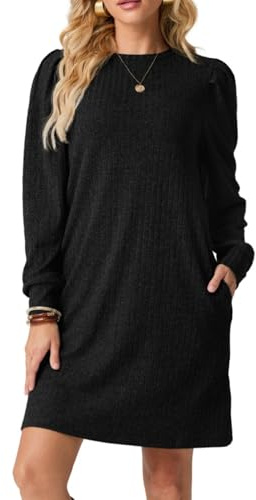 PrinStory Vestido tipo jersey para mujer, de invierno, manga larga, cuello redondo, minivestido con bolsillo lateral
