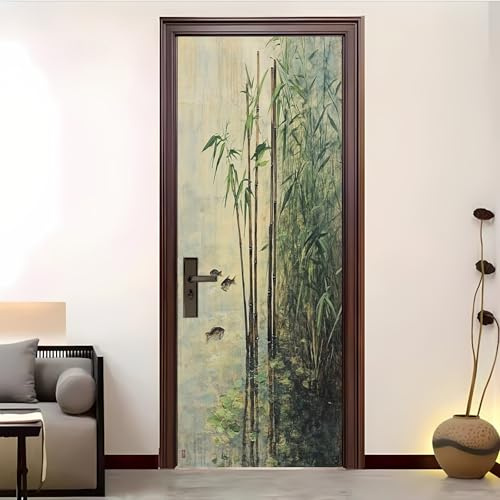 3D Kreative Türaufkleber 80x210 cm Chinesische Bambuswald-Tuschemalerei Türfolie Selbstklebend -DIY Türtapete Selbstklebend für Innentüren HellgrüN Wasserdicht Abnehmbare Vinyl Fototapete Türposter