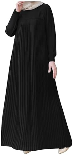 Robe longue plissée unie à col rond et manches longues pour femme - Robe tunique élégante et décontractée - Jupe longue Abaya fluide, 01#_Noir, 5XL