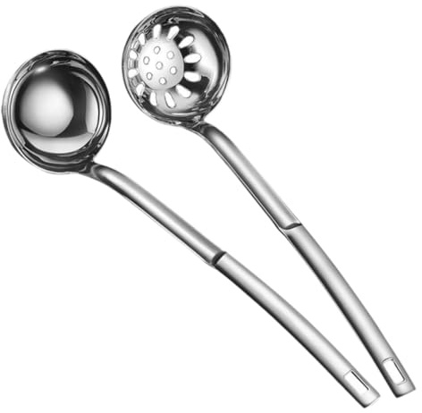MUELODSIC 2 Cucharas Ranuradas de Acero Inoxidable, Mango Largo, 2 Piezas, Resistentes al Óxido, Bordes Redondeados, para Olla Caliente y Cocina