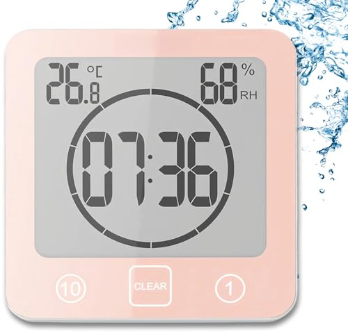 YiChZhe Badezimmer Wecker Badewannentimer‌,Wasserfest Digitale Badezimmeruhr, Baduhr Duschtimer mit Hygrometer und Thermometer,LCD-Display,Countdown Timer,für Dusche, Küche,Familienalltag-Rosa