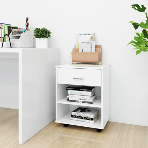 Mokuyary Rollschrank Weiß 46x36x59 cm Holzwerkstoff Rollcontainer mit Regalen et Schublade Mobiler Aktenschrank mit Rollen, Bürocontainer Beistelltisch Büroschrank für Wohnzimmer, Büro
