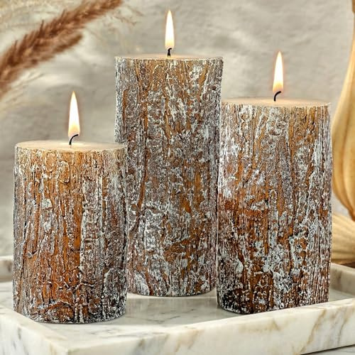 Classic Pine Tree Bark Texture Pillar Candles Set - Real Wax 3 Sizes (4, 5, 6 Tall) Rustic Decor Fireplace Candles, Unscented Woodland Style Pillar Candle for Home, Dining Table, Holiday Decor