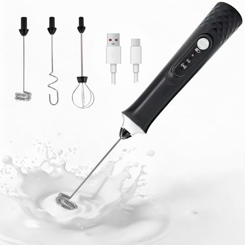 Handheld Milk Frother, USB Rechargeable Electric Milk Foam Maker with 3 Stainless Steel Whisk, Dual Spring Whisk, 3 Speeds, Mini Whisk for Coffee, Matcha, Milkshake, Hot Chocolate, Egg, Drink Mixer
