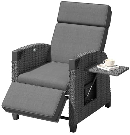 Amopatio Relaxfåtölj, solstol med justerbart ryggstöd och fällbord, utomhus trädgårdsfåtölj väderbeständig, för terrass, trädgård, balkong – grå