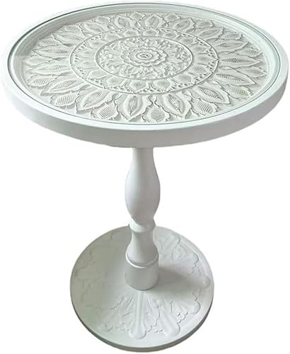 DUY Tavolino rotondo bohémien, in legno rustico con motivo floreale intagliato, tavolino da fattoria per soggiorno, camera da letto, patio (bianco, taglia media)