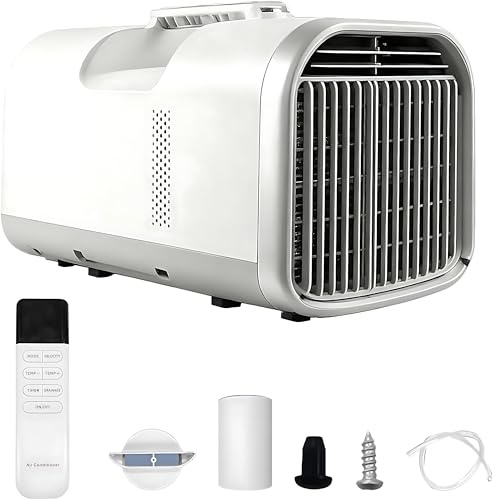 KPOUYYDS Mini Condizionatore, Climatizzatore Portatile 5100 BTU 110/220V 400W 4-in-1 Silenzioso Auto-Evaporazione Timer 12H Telecomando 16-32°C per Campeggio Tenda Camper Camion Auto V1pro