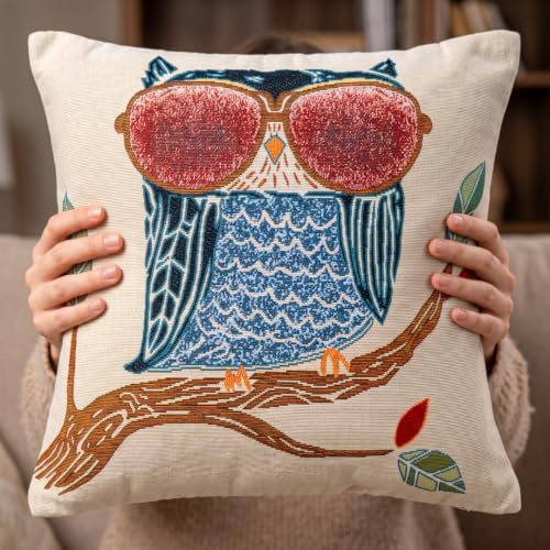 SABINE HOME Designer Kissen Eule 45x45 cm, Baumwolle, Jacquard Dekokissenhülle mit Eulen Motiv, Sofakissen Bezug für Wohnzimmer & Kinderzimmer.