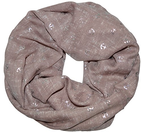 Loopschal Meliert Schlauchschal mit Anker Ancherchen Muster Maritim Metallic-Silber-Aufdruck Glanz Schal Rundschal Weich Soft Anchor (Altrosa)