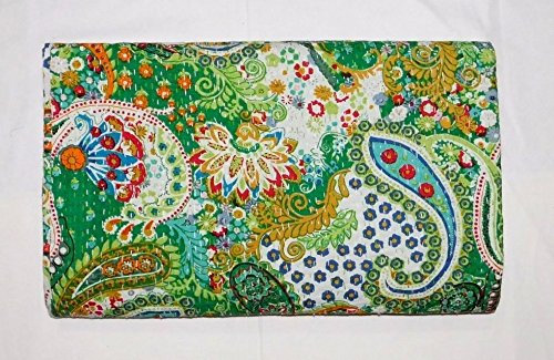 Kiara Indische handgefertigte Steppdecken aus Baumwolle mit Blumendruck, wendbar, Kantha-Paisleymuster, Tagesdecken und Überwurf, Doppelbettgröße/Queen-Size-Größe (Naturgrün, Doppelbett)