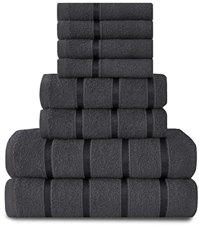 GC GAVENO CAVAILIA 8 Piece Towel Set, Quick Dry Highly Absorbent Cotton Towel Sets Bathroom, Dark Grey Towel Bale Set 450 GSM, 4x Face Towel 2x Hand Towels 2x Bath Towels